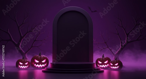 Halloween Grave and Pumpkins with Glowing Eyes Spooky Scene