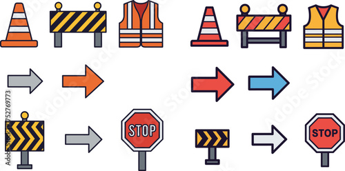vector illustration set features essential road construction and safety icons, including high-visibility vests, traffic cones, and barriers.