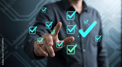 Businessman selecting check marks Achieving success, quality assurance and business concept