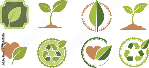 flat vector icon set features various eco-friendly and nature-themed logos, primarily focusing on growth, sustainability, and environmental care.