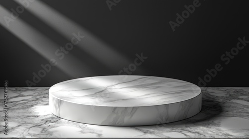 Minimalist Marble Pedestal with Dramatic Light Rays on Dark Background.