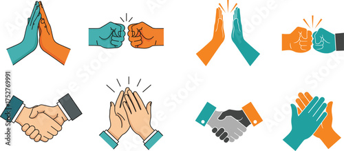 vector icon set illustrates various gestures of agreement, celebration, and partnership, effectively conveying concepts of teamwork and success. 