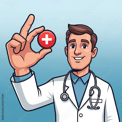 The docter holds a red medicine with his hand