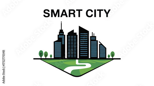 Modern urban landscape representing a futuristic smart city with green spaces and innovation.