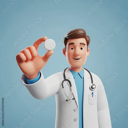 A doctor displays a white pill with his finger