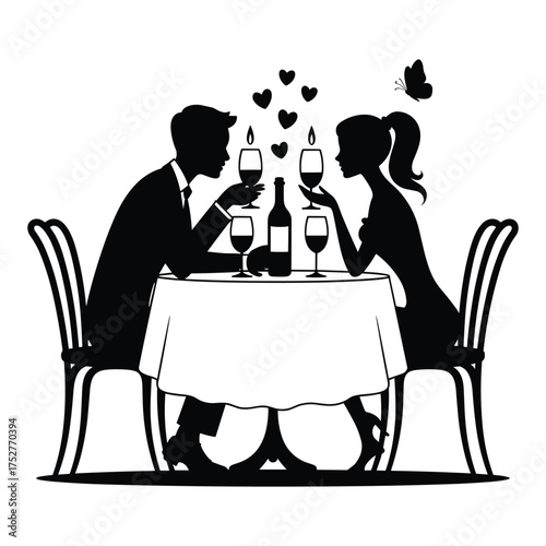 Silhouette of a couple having a romantic dinner with candles, wine and hearts date