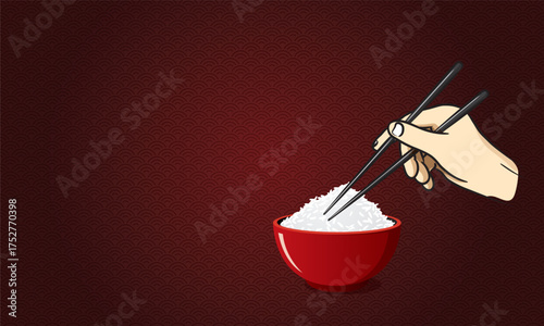 Hands using chopsticks to pick up rice, Chinese style