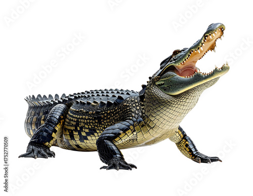 Full-body photo of a large crocodile on white background