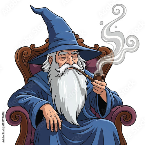 The long-bearded magician sits leisurely on a classic chair, smoking calmly.
