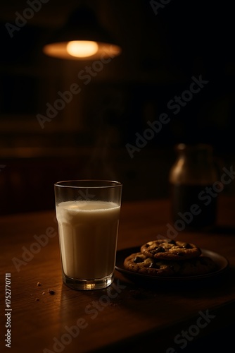 Cold Milk and Cookies Scene in Warm Kitchen Light