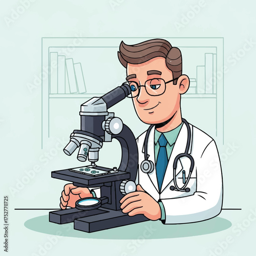 A doctor peers through a microscope to analyze specimens.