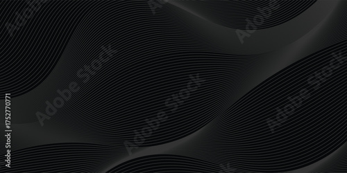 Black abstract background design. Modern wavy line pattern (guilloche curves) in monochrome colors. Premium stripe texture for banner, business backdrop.