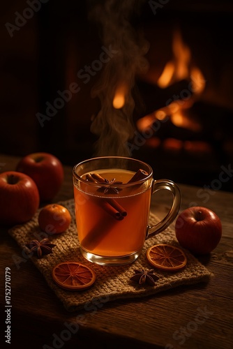 Steaming Hot Apple Cider Beside Fireplace in Cozy Autumn Setting