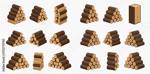Isometric illustration of stacked firewood logs, arranged in piles and bundles.
