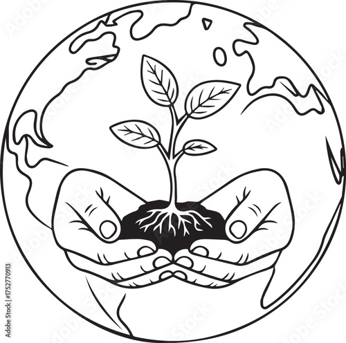 Hands cradling a growing plant sprout with roots in soil surrounded by a sketched globe representing earth and environmental conservation concept vector