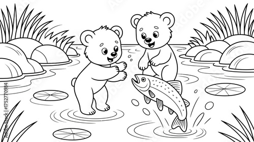 Two happy bear cubs celebrate catching a jumping fish in a clear river