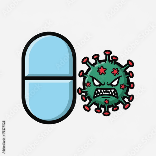An oval-shaped medicine pill placed beside an angry virus illustration