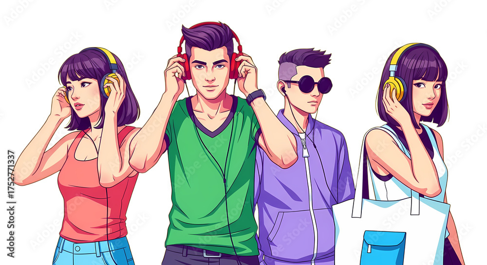 Obraz premium Diverse Group of Young People Listening to Music with Headphones and Earbuds, Pop Art Style Vector Illustration of Youth Culture and Digital Audio Entertainment