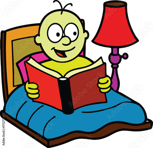 Vector funny cartoon character with green skin reading a book in bed at night with a lamp
