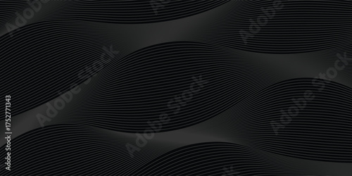 Black abstract background design. Modern wavy line pattern (guilloche curves) in monochrome colors. Premium stripe texture for banner, business backdrop.