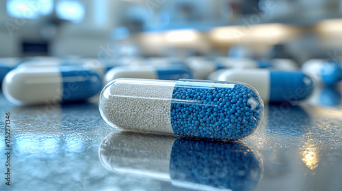 Closeup view of a white and blue medicine capsule Generative AI