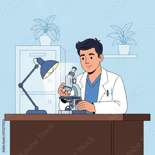 A doctor closely observes something through a microscope