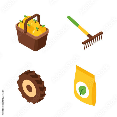 Farm tools and produce basket, wheel, rake, and fertilizer bag for agriculture.