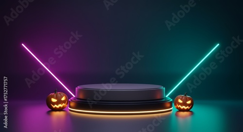 Empty Halloween podium with neon lights and pumpkins