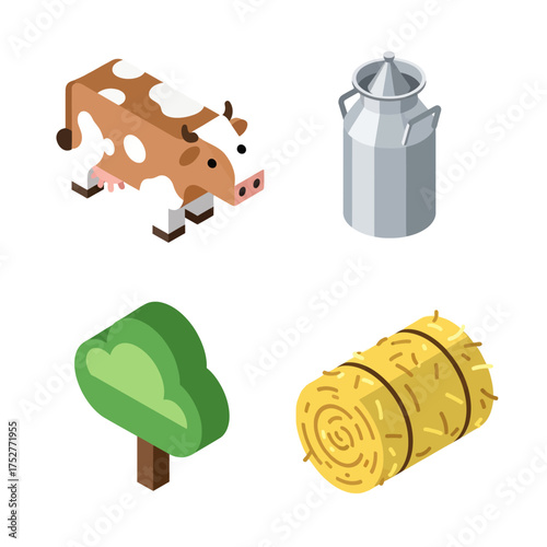 Isometric farm elements cow milk can tree hay bale.