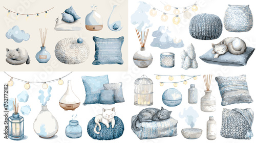 Watercolor cozy home decor illustration with pillows, lamps, candles, cats, and aroma diffusers. Perfect for hygge-style design, interior decoration, and minimalist lifestyle projects.