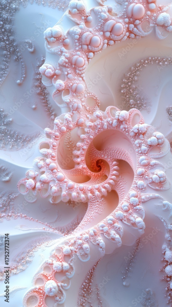 Obraz premium A delicate and intricate abstract illustration showcasing a spiraling fractal pattern with soft pink and white organic textures, evoking microscopic biological forms or ethereal coral structures