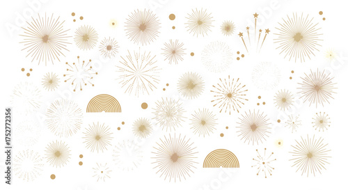 A diverse collection of golden and rose gold firework bursts and celebratory explosions on a clean white background.