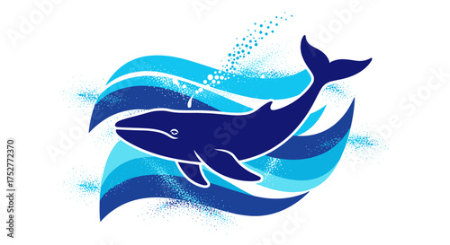 A majestic blue whale breaching through stylized ocean waves with water spray. .