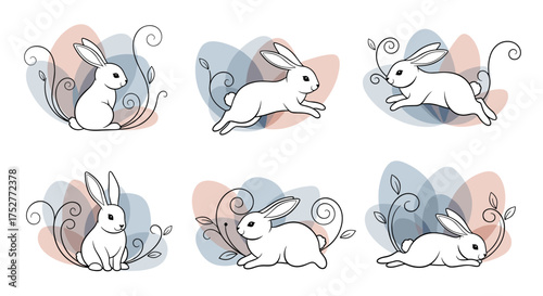 Six charming minimalist illustrations of white rabbits in various playful poses surrounded by decorative swirls and watercolor-like blobs.