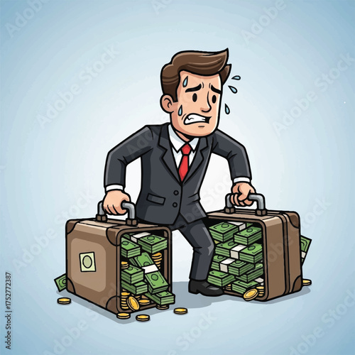 The businessman grips a suitcase full of money in each hand.