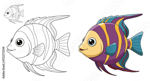 A colorful cartoon angelfish illustration with its black and white outline.