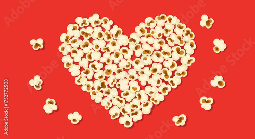 A heart shaped arrangement of popcorn on a vibrant red background for movie night.