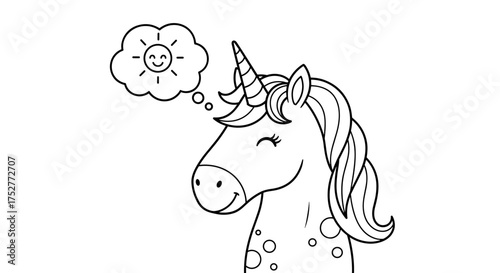 A happy unicorn thinking about a sunny day with a smile. The unicorn has a horn and spots on its body.