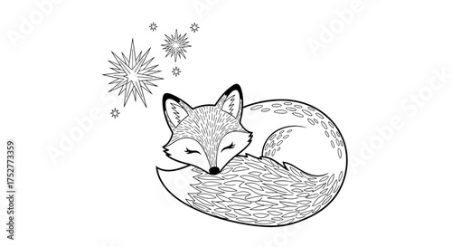A sleeping fox curled up with stars shimmering above its head.