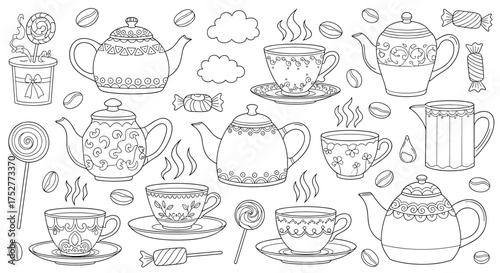 A collection of delightful tea time illustrations featuring teapots cups and sweet treats for your enjoyment.