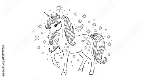 A whimsical unicorn with a flowing mane and tail sparkles around its mythical body.