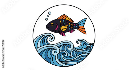 A brightly colored fish leaps over stylized blue ocean waves in a circular design.