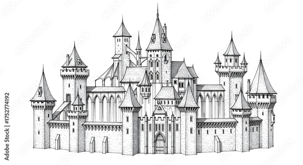 Obraz premium A detailed architectural pencil drawing of a large, magnificent fairytale castle with many towers and turrets isolated on a white background.