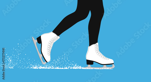 A figure skater gracefully glides across the ice leaving a trail of snow behind.