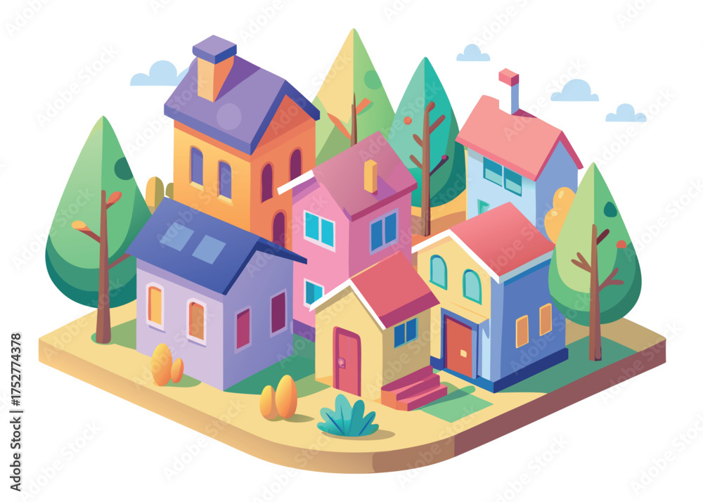Fototapeta premium Colorful houses and trees create a vibrant neighborhood isolated on white background