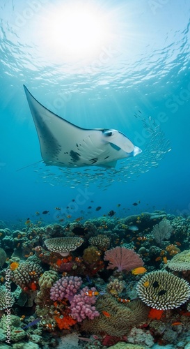 Manta Ray Gliding Over Vibrant Coral Reef.