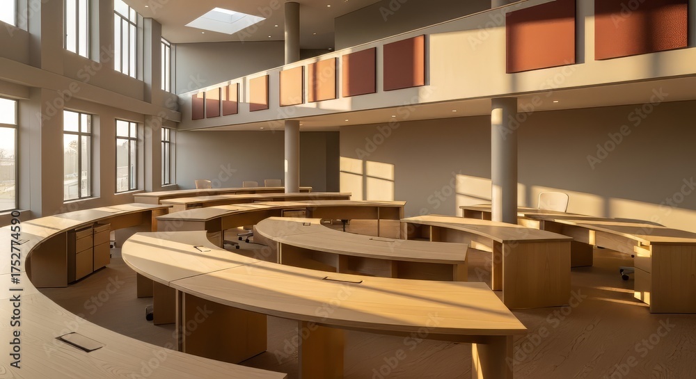 Fototapeta premium Lecture Hall Interior with Curved Tables and Natural Light
