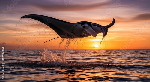 Manta Ray Leaping from Ocean at Sunset.