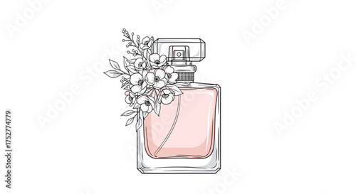 An elegant bottle of light pink perfume adorned with a delicate floral arrangement in a sketch style.