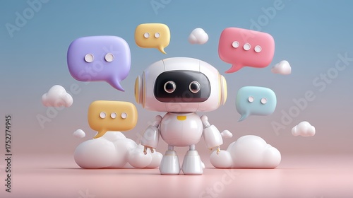 Cute 3D Robot Surrounded by Colorful Speech Bubbles.